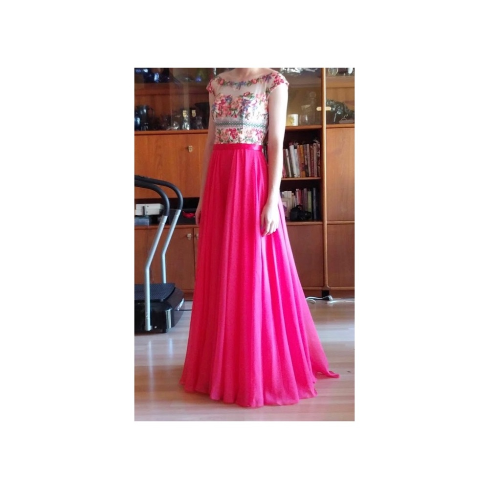 Sherri Hill embroidered pink and white prom dress